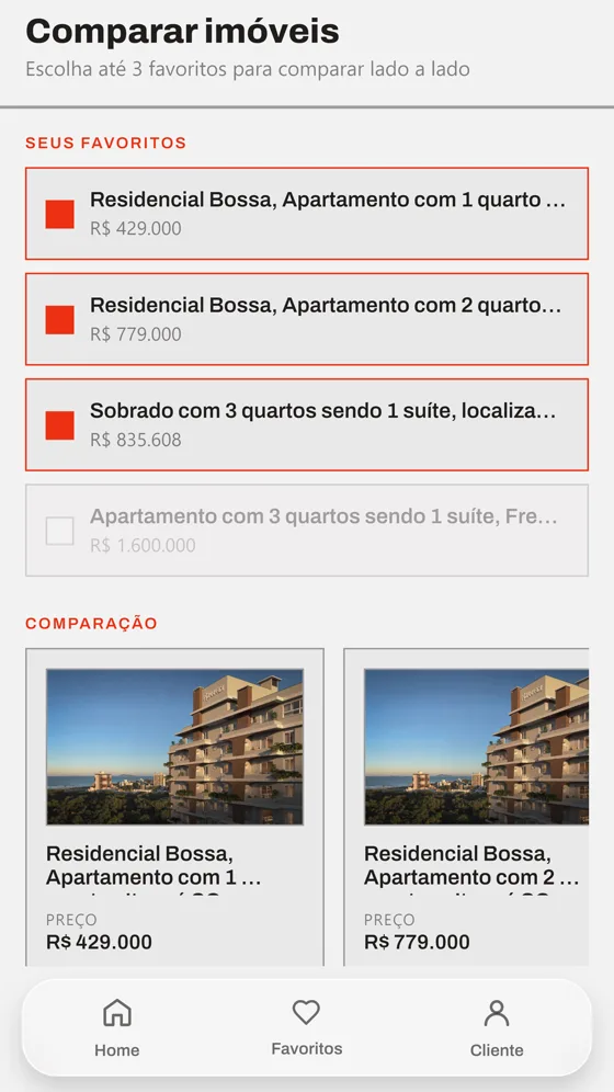 Comparação de imóveis lado a lado