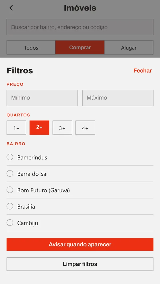 Janela de filtros por preço, quartos e bairro