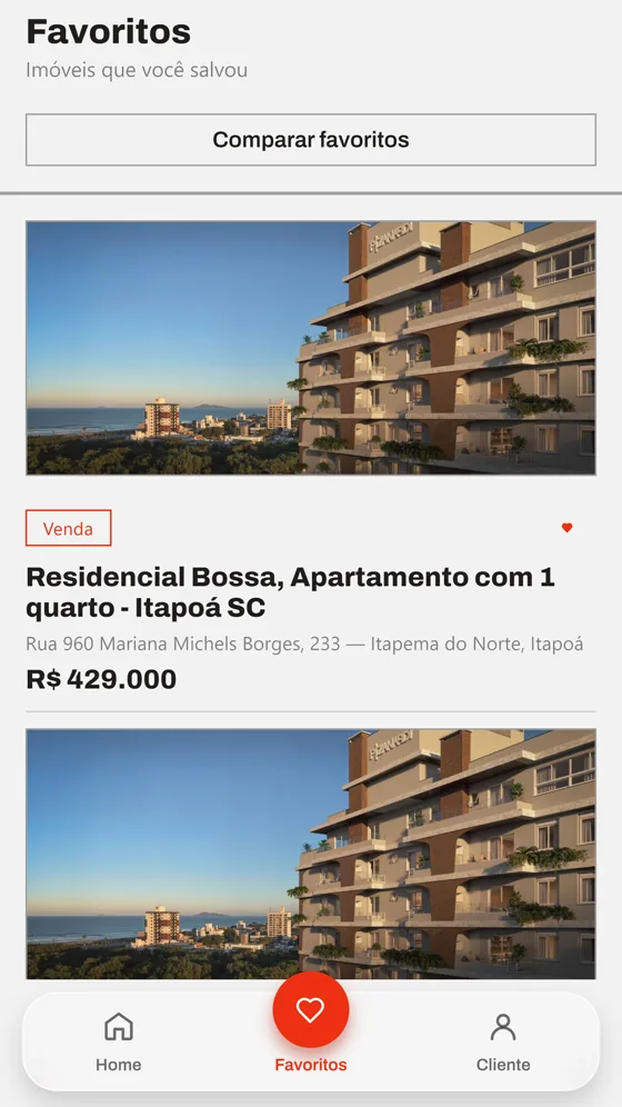 Aba Favoritos do aplicativo