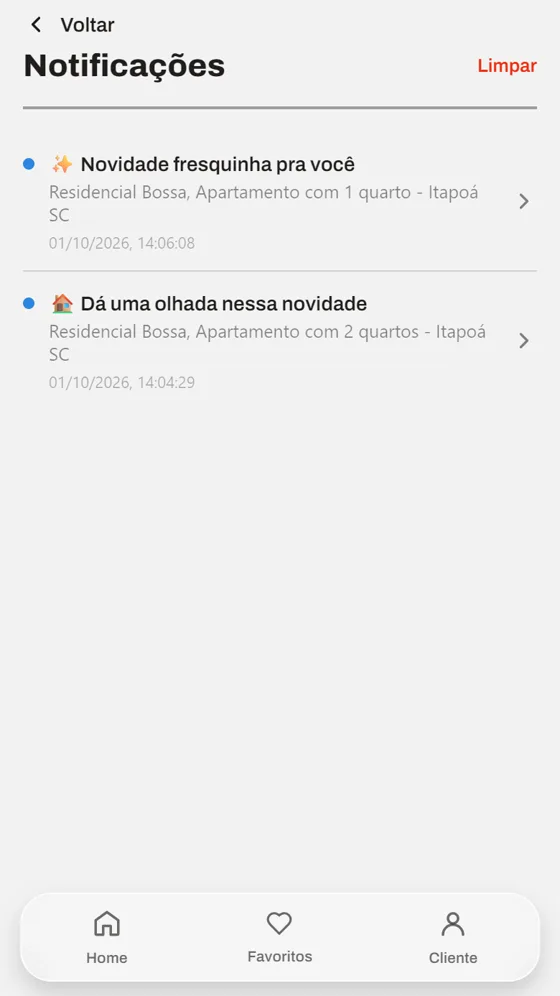 Tela de notificações