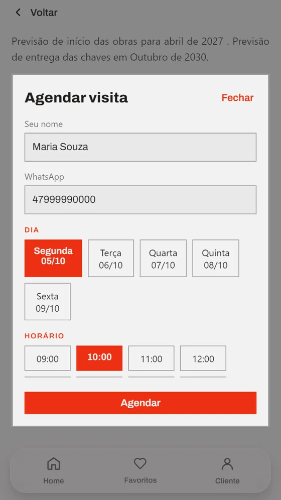 Janela de agendamento de visita